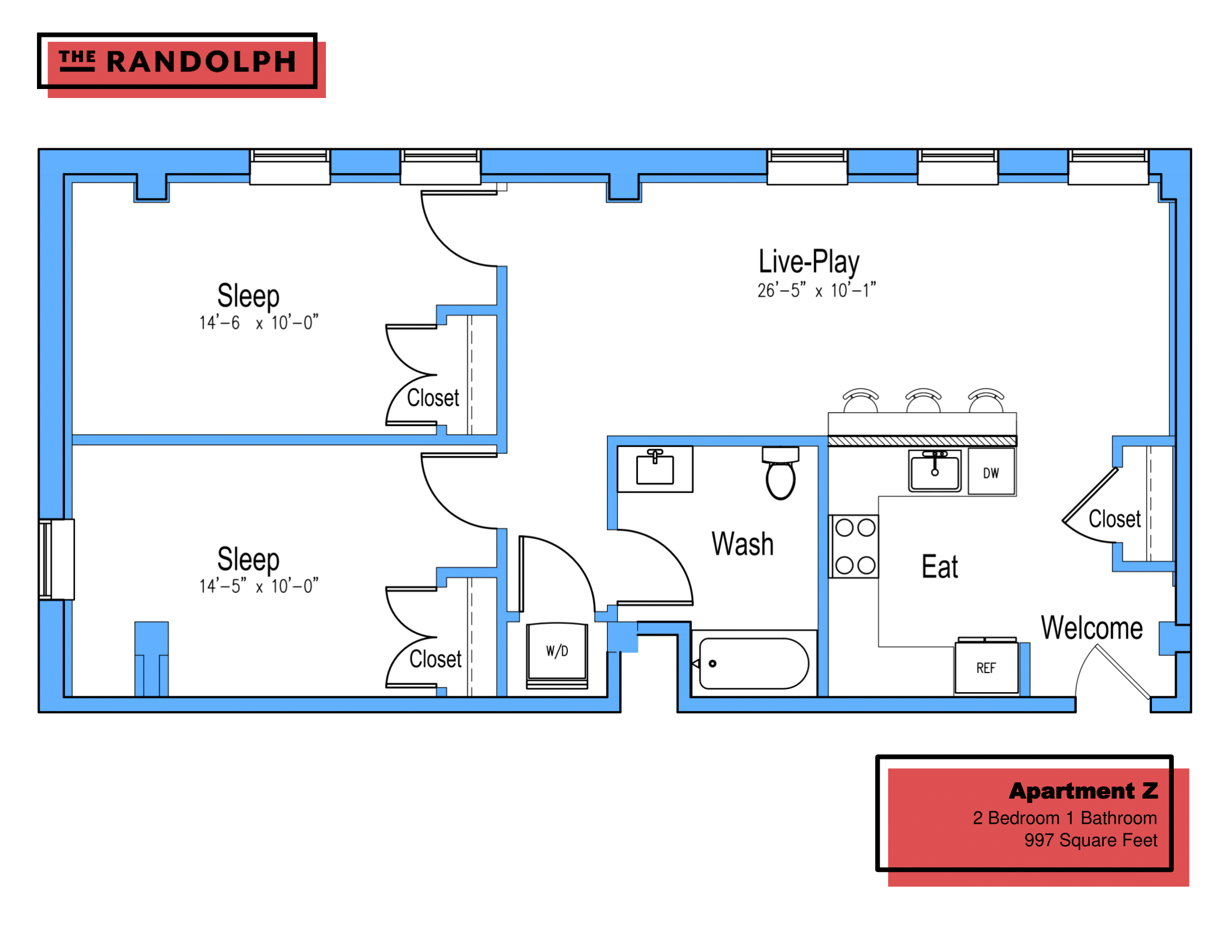 Floor plan for 2 beds, 1 bath, 997 sqft